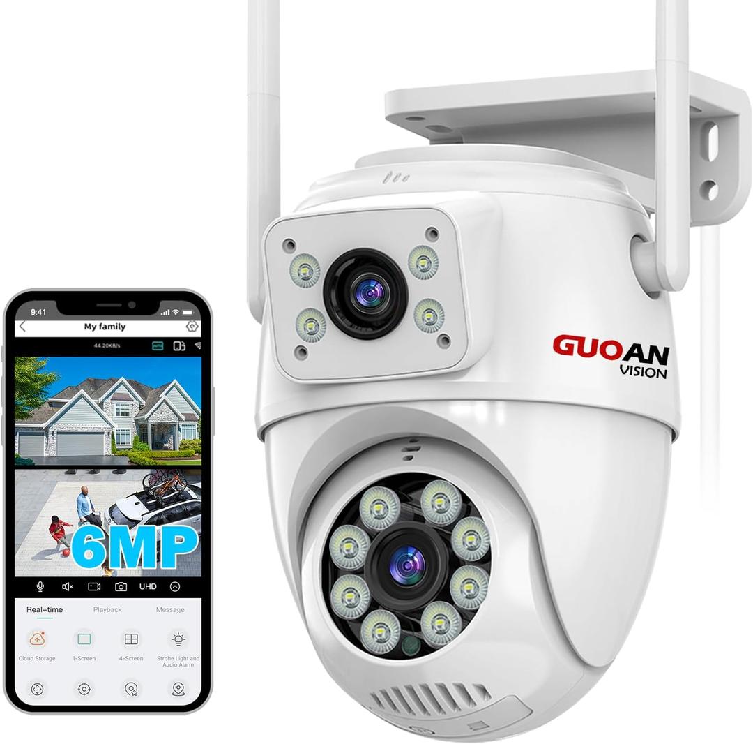 Dual Lens Linkage 6MP Security Camera Outdoor, WiFi Security Camera,Outdoor Camera Wireless,360View,IP66 Waterproof,Human Detection&Tracking,Night Vision,24/7 Record,Corded Power (white3)