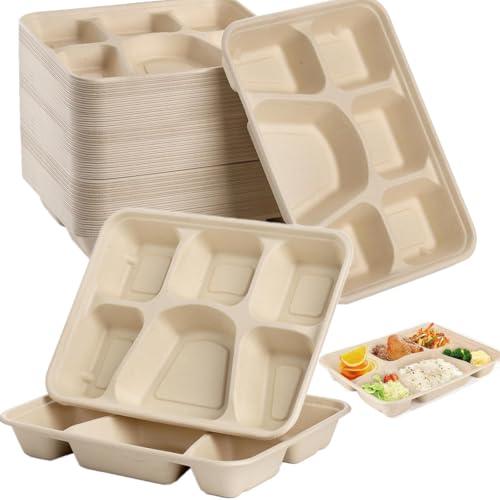 NROZIET 50 Pack 6 Compartment Disposable Plate, Heavy Duty Divided Paper Plates for Dinner, Microwavable Freezer Safe School Food Lunch Platter Tray for Party Dinner Buffet