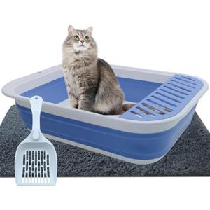 Collapsible Small Cat Litter Box,Open Top Cats Litter Pan with Scoop Foldable Shallow Kitten Potty Toilet Waterproof Cat Travel Litterbox Anti-Splashing Low Entry Semi-Enclosed Easy Clean(Blue)