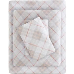 True North by Sleep Philosophy Cozy Flannel Warm 100% Cotton Sheet - Novelty Print Animals Stars Cute Ultra Soft Cold Weather Bedding Set, Queen, Pink Plaid 4 Piece
