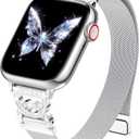 BRG Thin Mesh Loop Compatible with Apple Watch Bands for Women 40mm 41mm 38mm 42mm Series 10 SE 9 8 7 6 5 4 3 2 1, Stainless Steel Magnetic Metal Strap with Double C-Shape Bling Clasp for iWatch (Silver)
