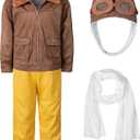 Pilot Aviator Costume Kids Coat Pants Hat Scarf Girl Boy Party Cosplay (6-8 Years, Brown)