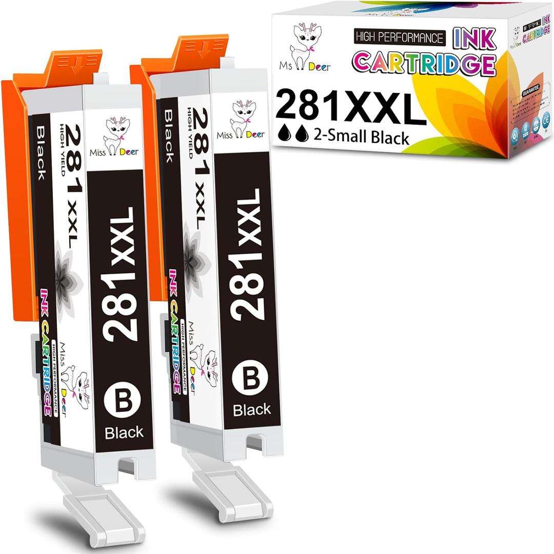 Miss Deer Compatible 281 Black Ink Cartridges Replacement for Canon CLI-281XXL CLI281 XXL BK for Pixma TR8520 TR8620 TS6120 TR7520 TS8220 TR8600 TS6220 TS6320 TS9120 TS9521c Printer (Small Black x 2)