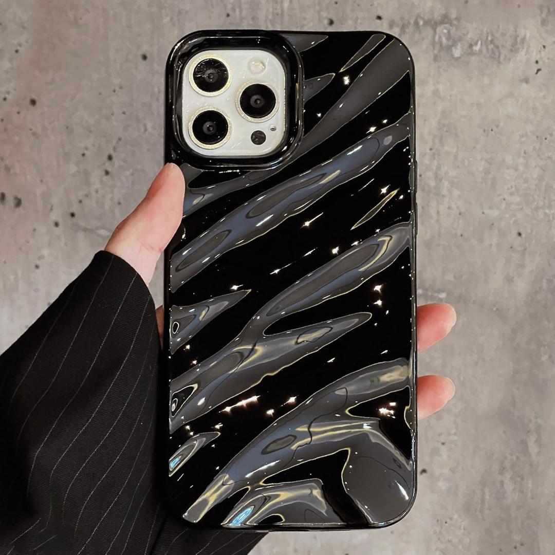 QLTYPRI Compatible with iPhone 16 Pro Case, Cute Wave Water Ripple Pattern Case for Girls Women, Slim Satin Glossy Soft Silicone TPU Bumper Shockproof Protective Phone Cover - Black