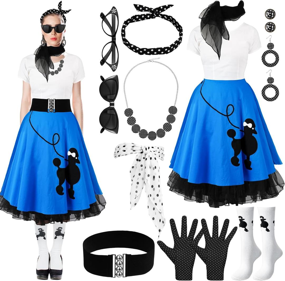 Shinymoon 13 Pcs Women 50s Costume Accessories Set Women's Retro Poodle Dress for Women Poodle Skirt 1950s Hop Outfit (X-Large)