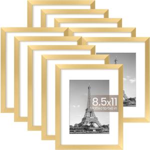 upsimples 8.5x11 Picture Frame Set of 10, Display Pictures 6x8 with Mat or 8.5x11 Without, Multi Photo Frames Collage for Wall or Tabletop Display, Gold