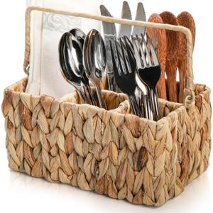 Wicker Flatware Organizer, Woven Divided Utensil Caddy, Water Hyacinth Cutlery Holder, Picnic Silverware Flatware Storage Basket Carrier with Handle for Countertop, Forks, Knives, Spoons