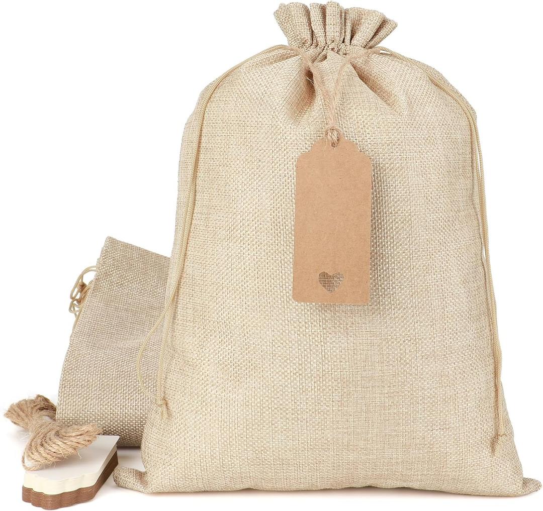 Burlap Gift Bags with Drawstring, 30Pcs 10x14 Sacks in Bulk for Wrapping Mother's Day Favors, Wooden Cross, For Birthday, Wedding, Church