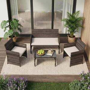 Garvee 4-Piece Patio Furniture Set, PE Rattan Outdoor Conversation Set with Cushions & Tempered Glass Table, All-Weather Wicker Patio Table and Chairs Set for Patio, Porch, Backyard, Brown and Beige