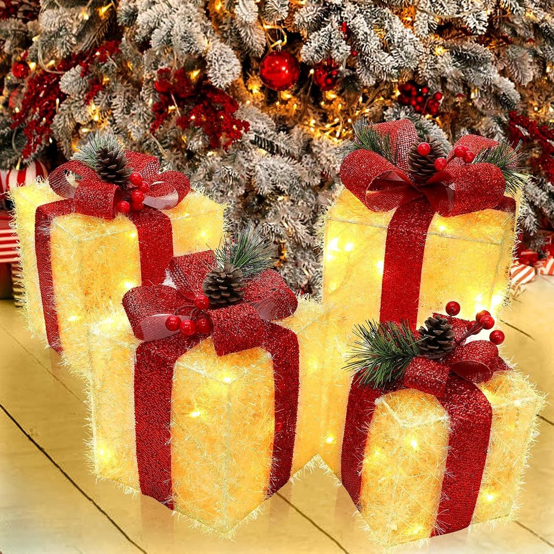 Christmas Decorations Lighted Gift Boxes, Set of 4 Light Up Present Boxes, 80 LED Plug in Lighted Xmas Boxes for Outdoor Indoor Christmas Tree, Yard, Home Decor