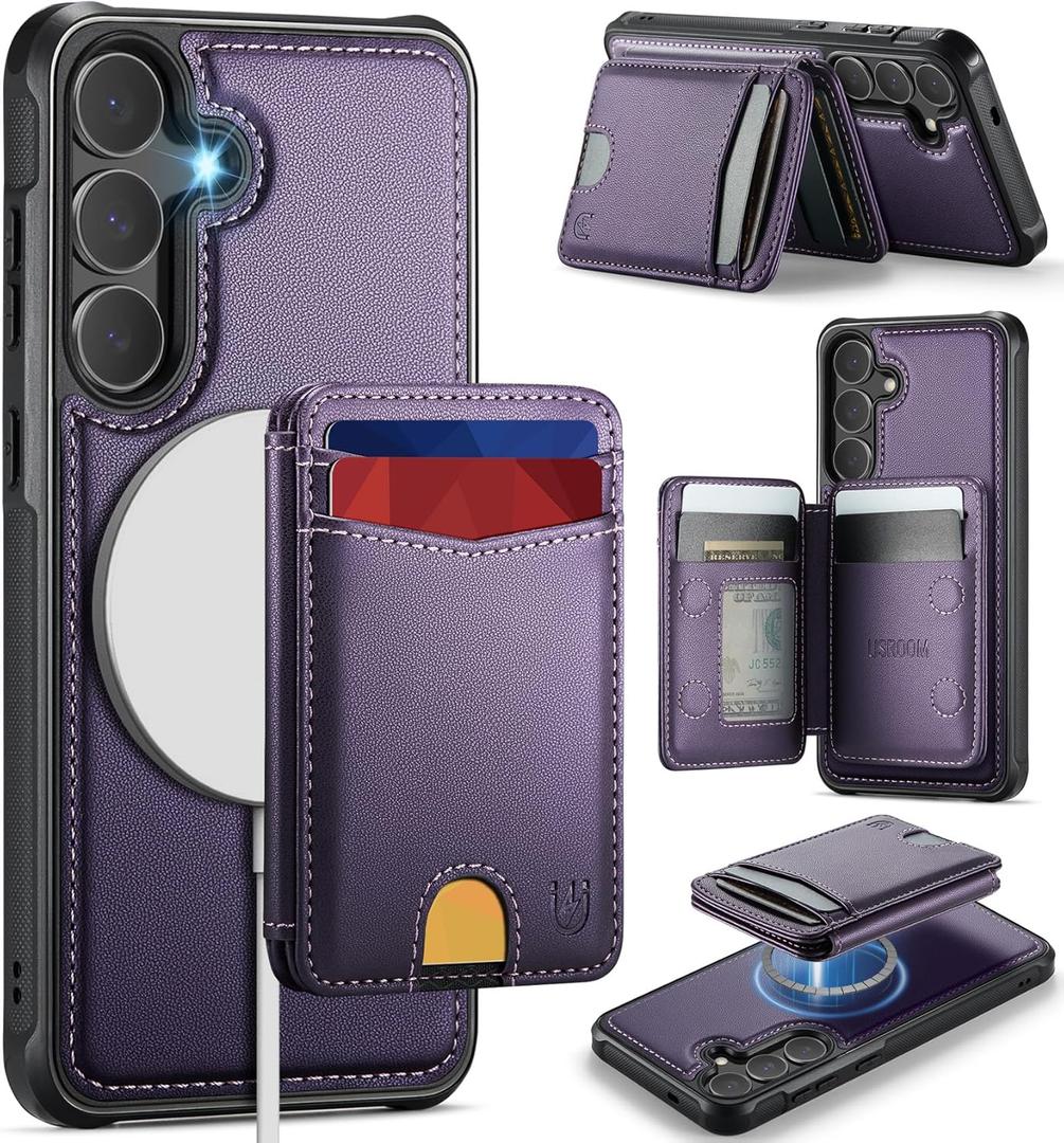 for Samsung Galaxy S25 Case Wallet Compatible with Magsafe, RFID Blocking Magnetic Card Holder 2 in 1 Detachable Kickstand Shockproof Phone Case for Galaxy S25 6.2" Purple