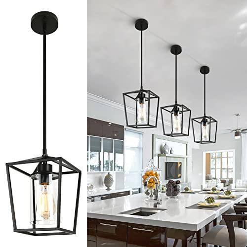 1-Light Black Pendant Light Fixture Farmhouse Iron Cage Metal Pendant Light Lantern Hanging Light Fixtures with Clear Glass Shade for Kitchen Island, Entryway, Dining Room, Hallway 5.9*5.9*8.27IN 3 Pack