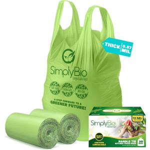Simply Bio 13 Gallon Compostable Trash Bags Liners with Handle-Tie, Thick 0.87 Mil, 49.21 Liter, 60 Bags, Tall Kitchen Food Scrap Waste Bag, ASTM D6400, US BPI and OK Compost Home Certified