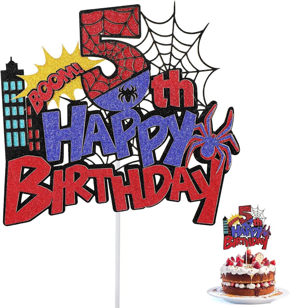 Spider Happy Birthday Cake Topper, Durable Glitter Red and Blue Spider Cartoon Themed Birthday Cake Decoration Supplies Suitable for Boys Girls (Number 5)
