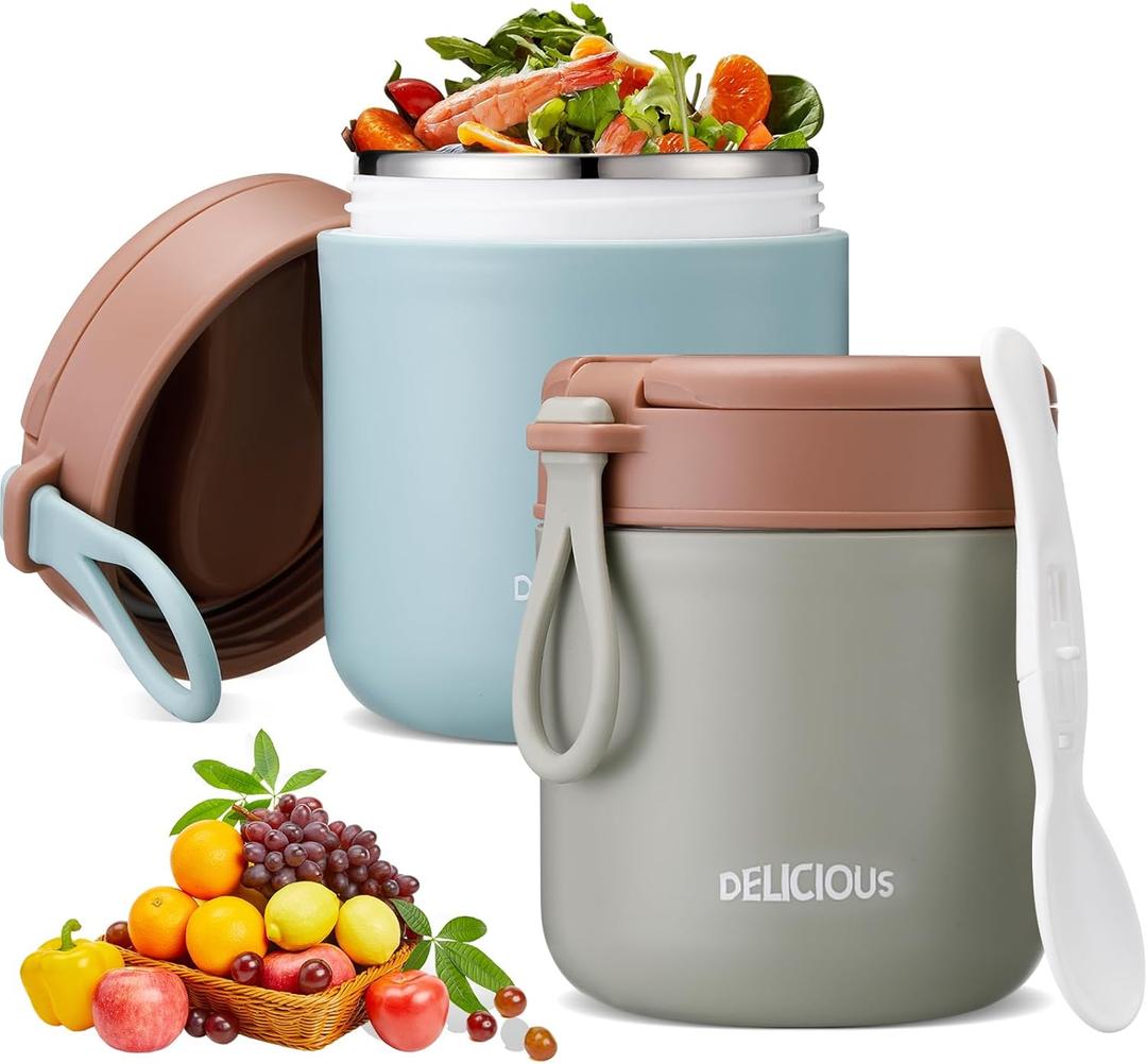 Bokon 2 Pcs 14. 5 oz Portable Insulated Food Jar with Folding Spoon for Hot and Cold Food Stainless Steel Width Mouth Leak Proof Vacuum Thermal Lunch Box for Adult Office Soup Salad Fruit(Green, Blue)