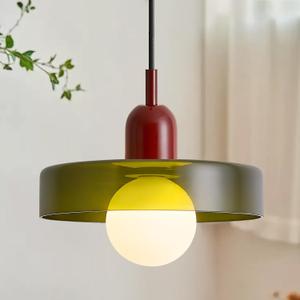 Pendant Lights Stained Glass Dark Olive Green Hanging Light Bedroom Lighting for Kitchen Dining Room Mid Century Modern Light Living Room Light Fixture Dark Olive and Red 