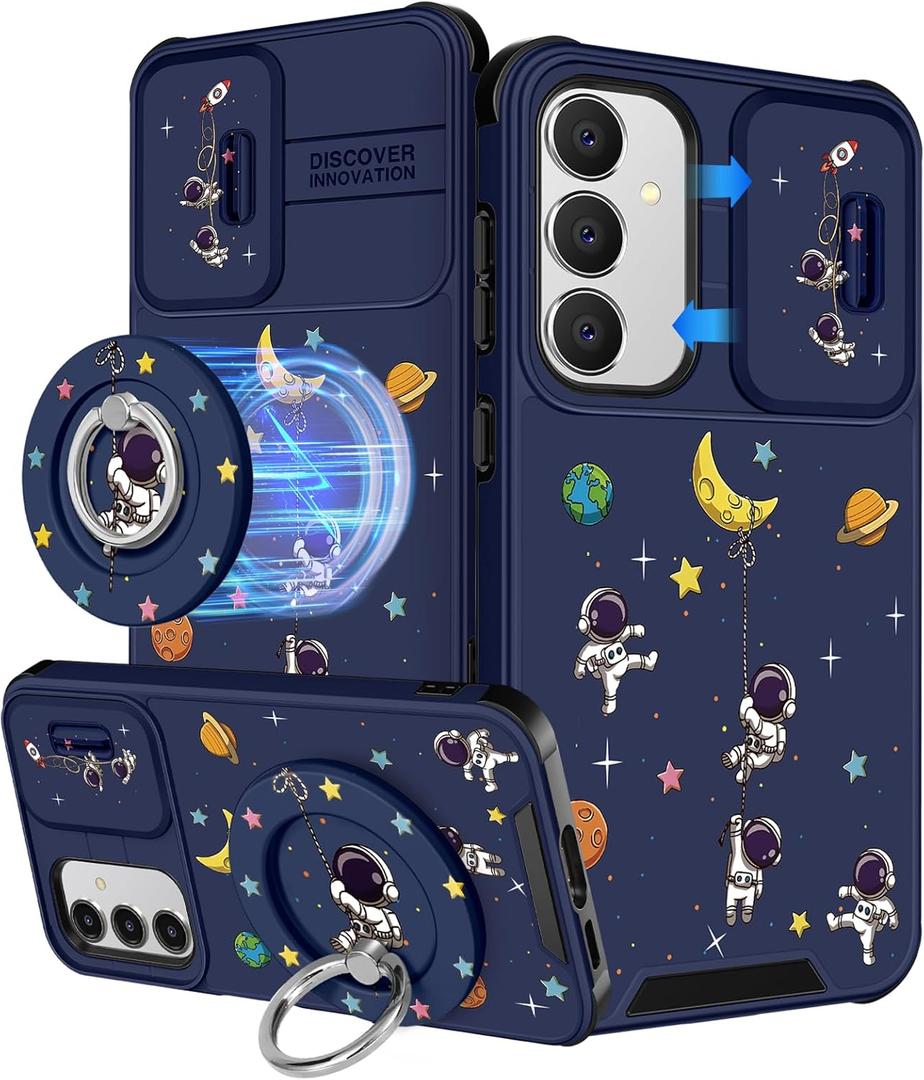 Buleens for Samsung Galaxy S24 FE Case - with Ring Stand & Camera Cover Aesthetic Cute Designed S24FE Case Women Girl Girly Cool Cartoon Astronaut for Samsung S24 FE Phone Case Compatible with Magsafe