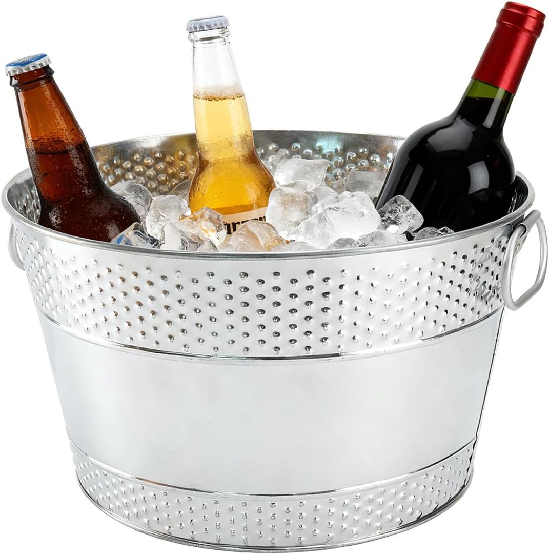 1PC Beverage Tub Large Ice Bucket for Parties, Thick Metal Galvanized Tub Drink Buckets, Beverage Bucket with Handles, Drink Bucket for Indoor & Outdoor Party (Sliver)