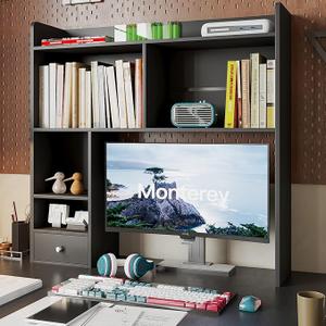 ChooChoo Desktop Bookshelf, 36.4" Tall Countertop Desk Hutch with 5 Shelves and 1 Drawer for Computer Desk, Desk Shelf Organizer for Dorm Office Home,Black