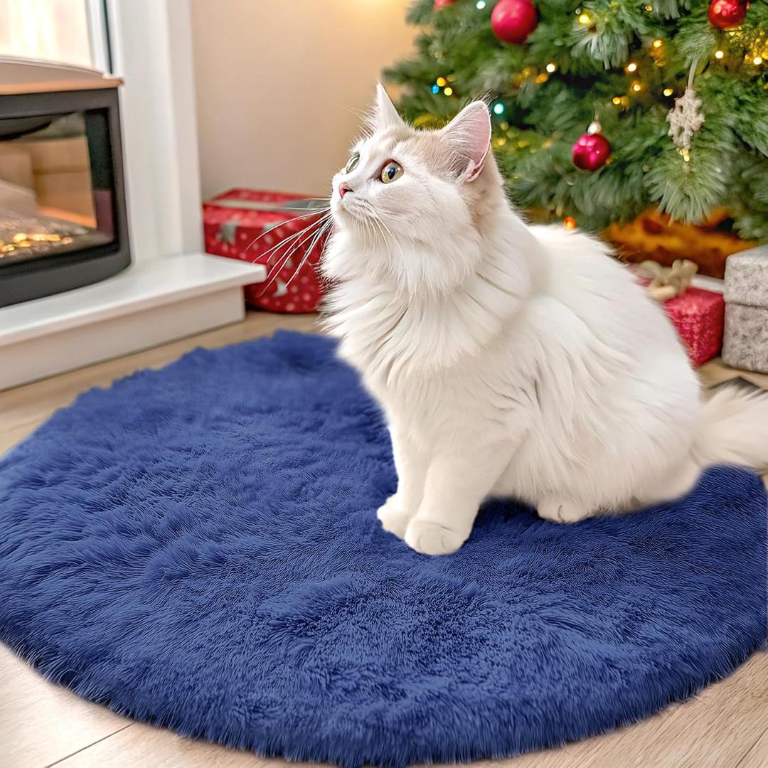 OLANLY Navy Blue Round Rugs for Bedroom - Machine Washable, 2x2 Feet Circle Area Rugs for Living Room, Soft and Fluffy Shaggy Carpet for Teen Girls and Boys, Nursery Rooms, Dorms, Home Decor Aesthetic (2ft Round)