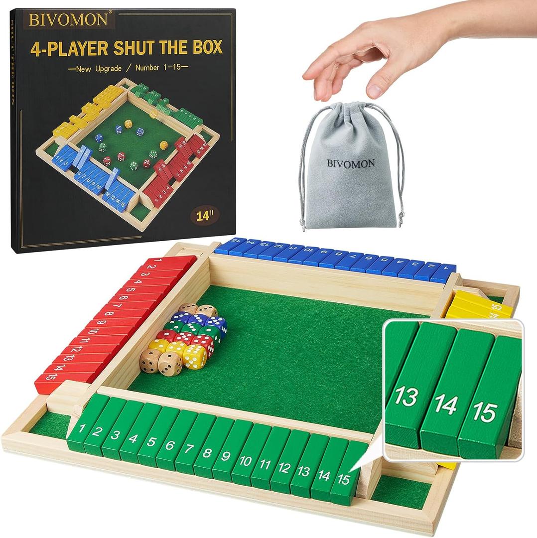 Upgrade Shut The Box Dice Game 1-4 Player, Wooden Board Table Math Games with 16 Dices, Classics Tabletop Version Games for Kids & Adults, Home, Classroom, Party or Pub (14 Inches)
