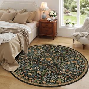 Round Rug 6ft Black Brown Washable Floral Circle Rug,Vintage Boho Botanical Round Area Rugs, Non-Slip Soft Low-Pile Circular Carpet for Bedroom,Kids Room,College Dorm,Home Decor