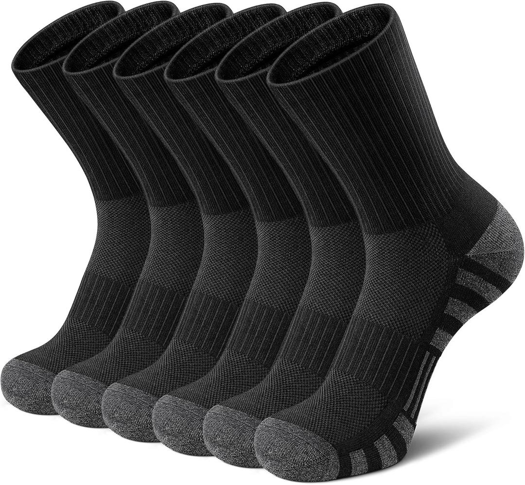 Airacker Athletic Socks Sport Running Calf Socks Performance Cushioned Breathable Crew Socks for Men Women (6 Pairs) (Black) 9-12