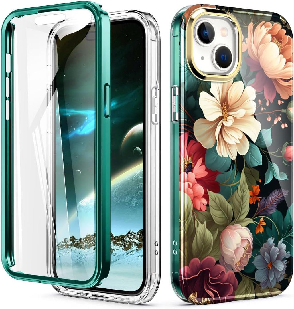 Cute Flower Case for iPhone 15 6.1 inch Built with Screen Protector, Lightweight and Stylish Full Body Shockproof Protective Rugged TPU Case for Women/Girls (T77)