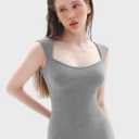 PUMIEY Women's Square Neck Cap Sleeve Maxi Dress Ribbed Bodycon Dress Summer Dresses for Women (Gray, L)