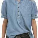 Locachy Women's Half Button Mock Neck Denim Shirt Casual Puff Short Sleeve Denim Blouse Top (Blue, L)