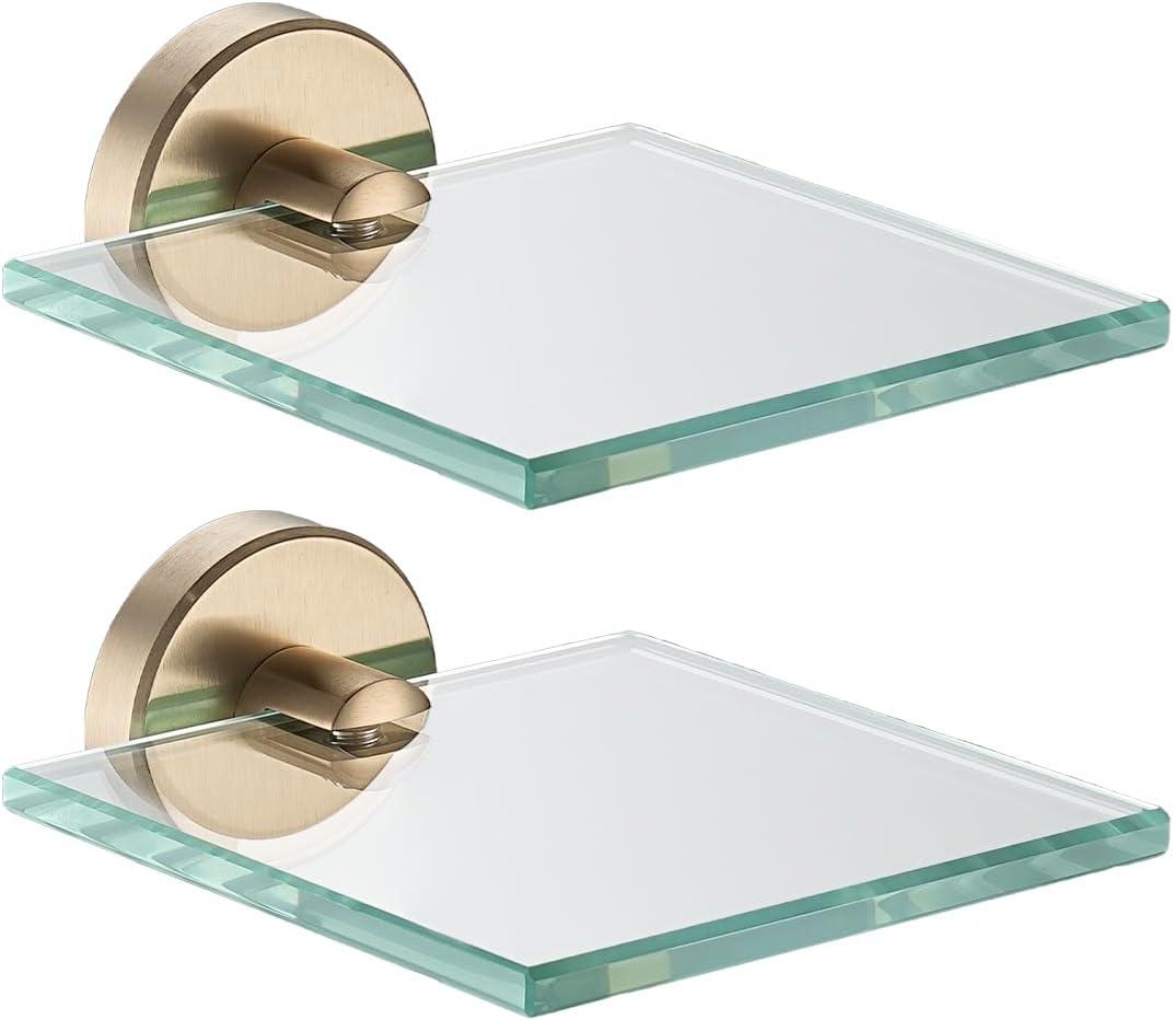 JQK Small Floating Glass Shelves Champagne Bronze, 4 Inch Display Ledges for Wall, Mini Decor, Living Room Bedroom Bathroom, Tempered Glass Shower Storage, 2 Pack, TGS101L4-CB-P2