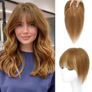 Hair Toppers for Women Real Human Hair-U Shape Toppers Hair Pieces for Women with Thinning Hairr 150% Density Silk Base Clip in Human Topper with Bangs for Daily Use(Light Brown-6#