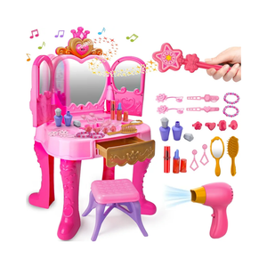 Toddler Vanity Magic Makeup Set Table & Chair Girl Toy Automatically Mirror with Music Light Pink Toys for 2 3 4 Year Old Girl Hair Salon Pretend Play Princess Dress Up Playset Valentine Gift Age 3-5