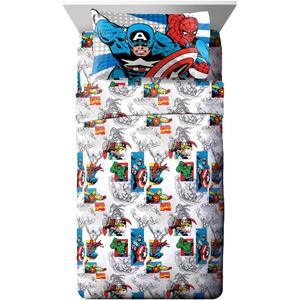 Jay Franco Kids Sheet Set with Fitted, Flat Sheets & Pillow Cover - Ultra-Soft Bedding with Pillowcase for Room Decor, White - Avengers, 3 Piece Twin