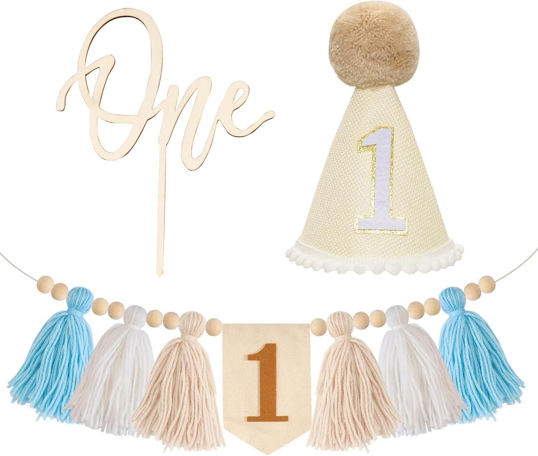 3 PCS 1st Birthday Highchair Banner Decorations Boy Handmade Boho Blue White High Chair Banner One Crown Hat Cake Topper Wall Hanging Decorative for Bedroom (Khaki)