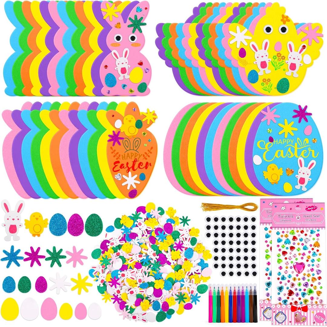 462 Piece Kids Easter Crafts Foam Decoration Kit DIY Bunny Egg Chick Carrot Shapes Easter Stickers for Home Decor Gift Tags Party Activities
