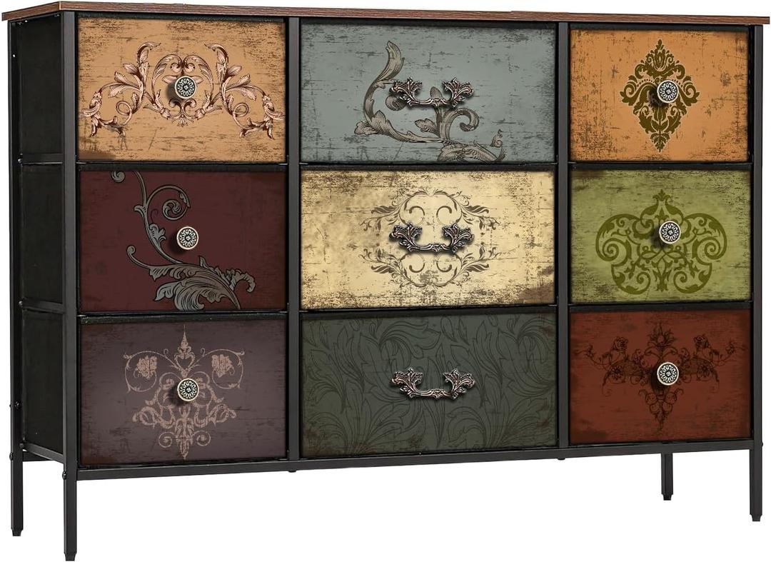 VASICAR Dresser for Bedroom with 9 Deep Fabric Drawers, Wide TV Stand Storage Cabinet, Colorful Chest of Drawers for Closet, Nursery, Entryway, Hallway (Pattern)