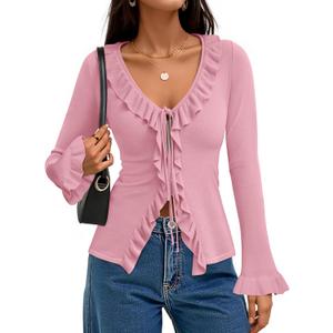 ZESICA Womens 2026 Fall Tie Front Bow Cardigan Sweaters Long Bell Sleeve V Neck Ruffled Knit Cropped Trendy Tops (Small, Pink)