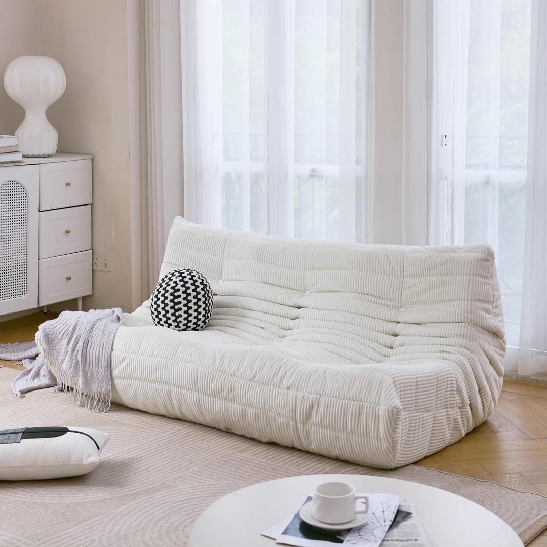N&V Fireside Three Seater Sofa, Mid Century Armless Twin Size Floor Lounge Chair, Soft Premium Corduroy Accent Chair for Living Room, Bedroom (Ivory)