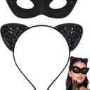 2 x Black Cat Costume Accessories Set with Ears Headband and Masquerade Mask for Adult Christmas Gifts, Halloween Cosplay Party (Black)