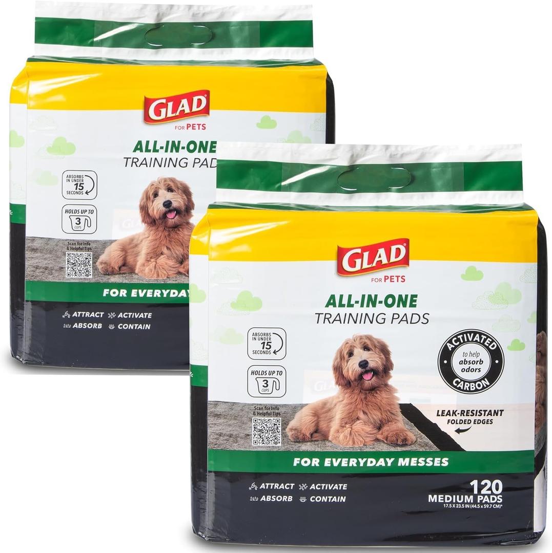Glad for Pets Black Charcoal Puppy Pads, 120 Count, 17.5 x 23.5 Inch, Charcoal Odor Neutralizing, Super Absorbent, Leak-Resistant Edges, Pheromone Attractant, Disposable - 2 Pack
