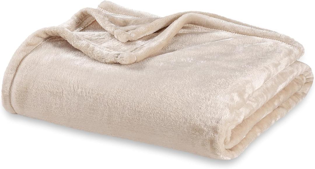 Berkshire Blanket Classic VelvetLoft Solid Bed Blanket Queen Size, Lightweight Soft Fuzzy Plush Blanket for Bed and Couch, Grain, 90x90 Inches