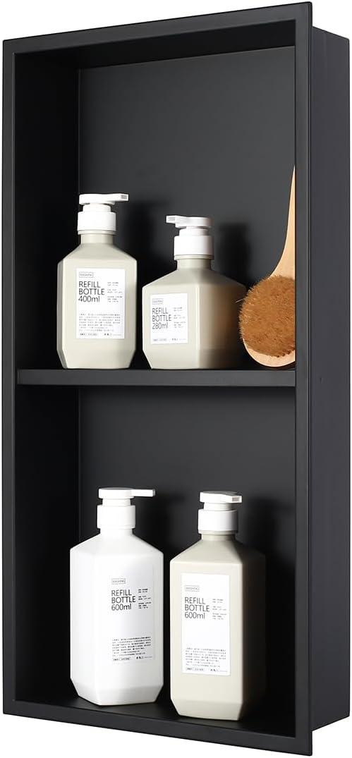 No Tile Needed Shower Niche for Bathroom Storage,Recessed Wall Niche,Double Shelves,Stainless Steel(Black, 24 * 12 in)