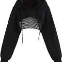SHENHE Women's Fishnet Long Sleeve Drawstring High Low Workout Hoodie Crop Tops M  Black