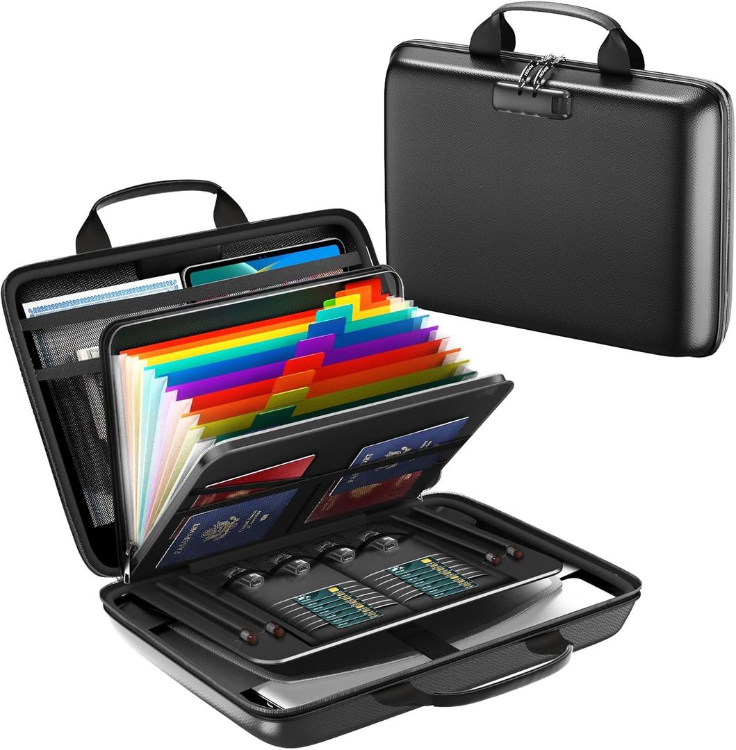 Fireproof Document Box, Hard Case Fireproof File Organizer with Lock and 13 Pocket Accordion File Folder, Portable Safe Box for Home Office Travel to Storage Important Documents Laptop Black