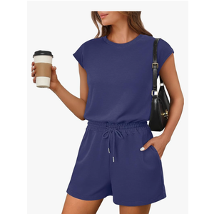 ANRABESS Rompers for Women Summer 2025 Casual Cap Sleeve Crewneck Drawstring One Piece Jumpsuit Outfits with Pockets
, Size -L