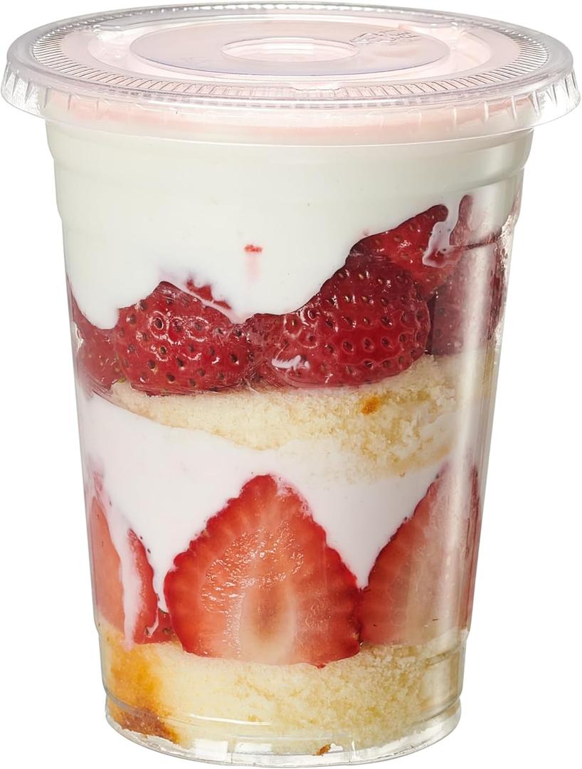 GUSTO [16 oz. - 50 Count Clear Plastic Cups With Flat Lids (No Hole), Fruit Cups with Lids for Party - Perfect for Smoothies, Milkshakes, and To-Go Beverages - (Formerly Comfy Packaged)