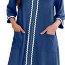 Ekouaer Zipper Robes for Women 3/4 Sleeves Lightweight House Coat Zip Up Bathrobe Soft Nightgown with Pockets (Large, Navy)