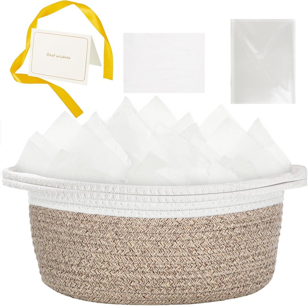 woric Woven Storage Basket Dog Toy Baskets for Gifts Empty Basket with Handle Cotton Rope Mothers Day Graduation Decorative Baskets (Brown 12"X 8" X 5" with Gift Bag Card Ribbon Tissue Paper)