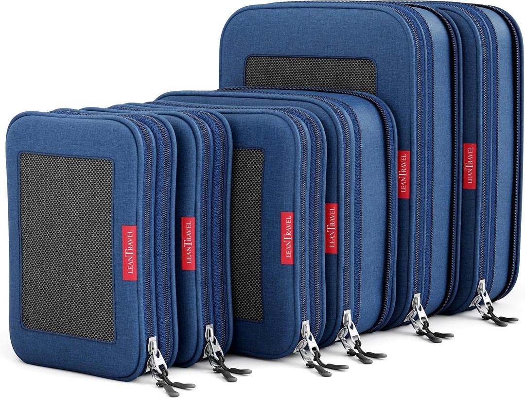 LeanTravel Premium Compression Packing Cubes for Travel - Suitcase Organizer Bags with Double Zipper & Breathable Mesh Panel - Space Saving Carry On Luggage Essentials (6-Pack, Navy Blue)